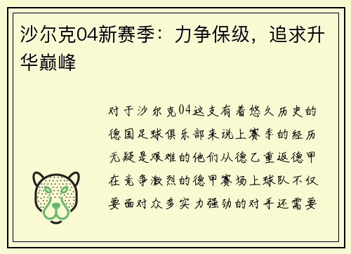 沙尔克04新赛季：力争保级，追求升华巅峰