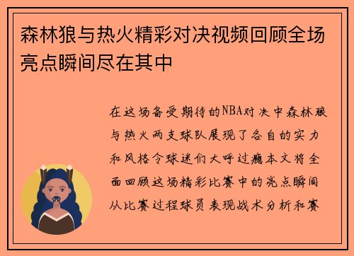 森林狼与热火精彩对决视频回顾全场亮点瞬间尽在其中